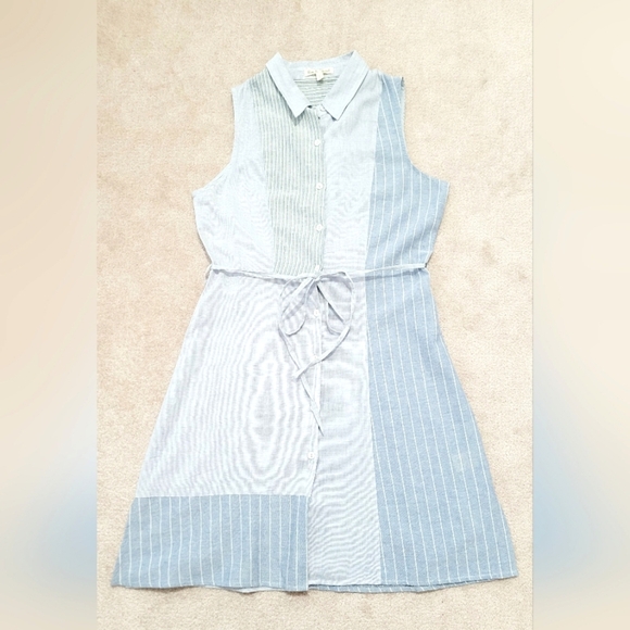 Hem & Thread Sleeveless Shirt Dress Size Small Blue Striped Button Front Tie - Picture 2 of 8